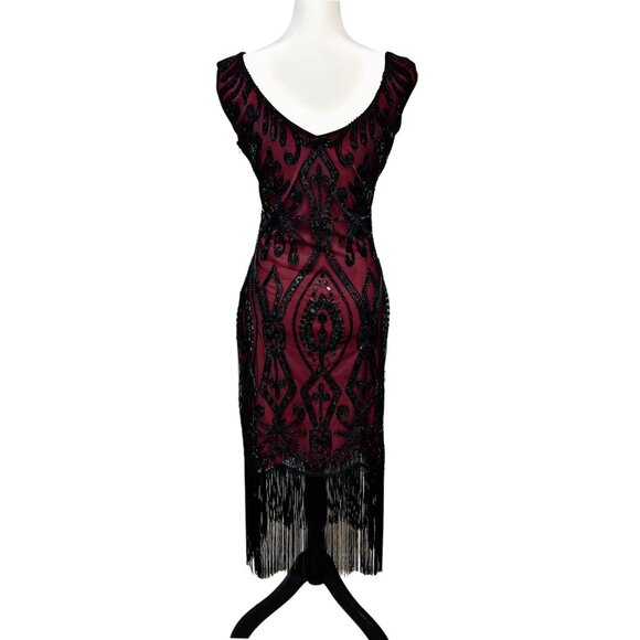 Unbranded Vintage 1920s Flapper Midi Dress Sequin A-Line Sheer Party Costume Red - Picture 6 of 12